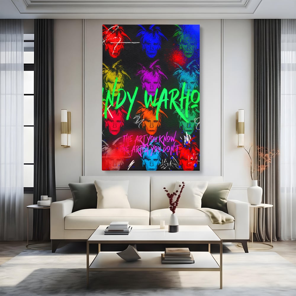 Tablou canvas cu tablou canvas cu portrete pop art andy warhol, fara rama, pe sasiu de lemn, pe perete intr-un living